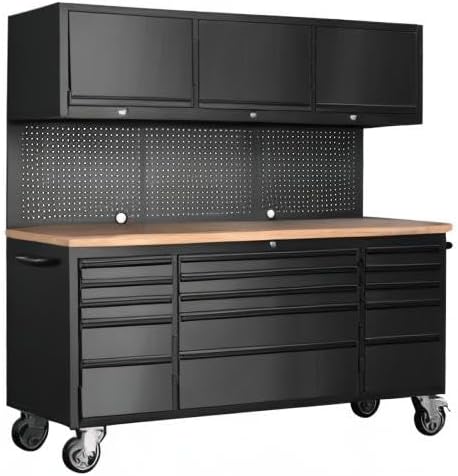 SINDA 72 Inch Tool Chest with Drawers and Wheels Mobile Workbench Garage Tool Storage Cabinet Large Rolling Lockable Tool Box with Wood Top, 15 Drawers + 3 Upper Cabinets, Matte Black