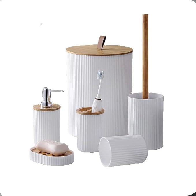 6-Piece Bathroom Set – Includes Toilet Brush, Trash Can & Soap Dispenser, Creating a Tidy and Coordinated Bathroom Space in One Stop,Round-White