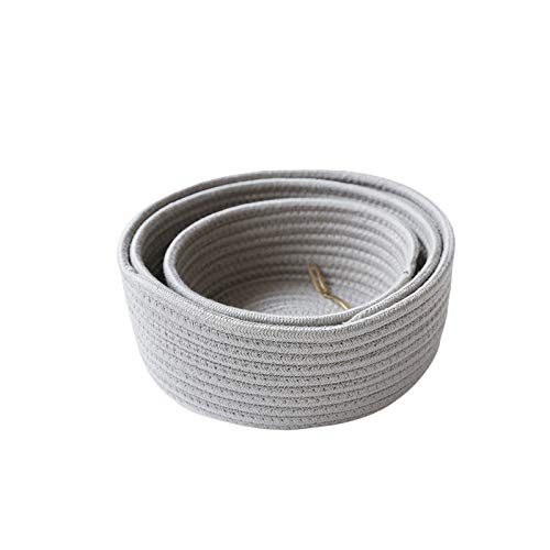 Cotton Rope Handmade Woven Home Storage Household Candy Toys Storage Basket Sundries Collection Box Candy Snack Food Tray SML Pack of 3 (Round, Grey)