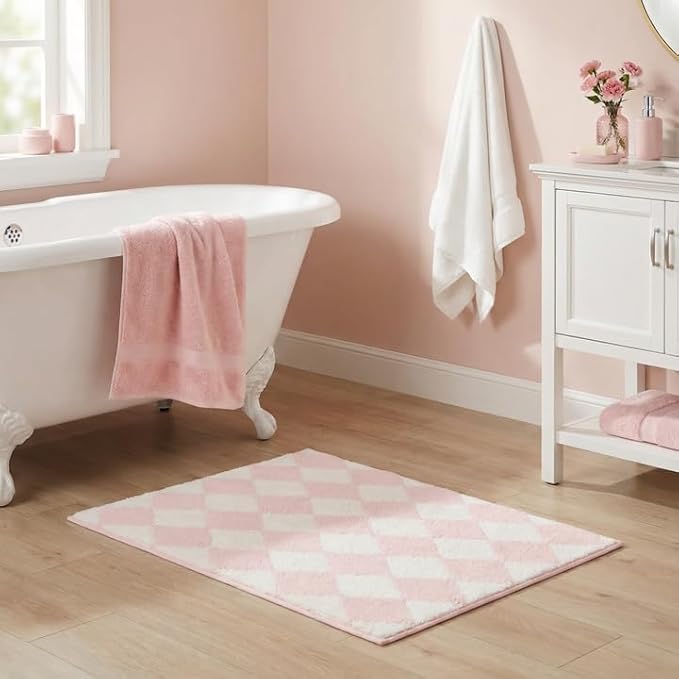 GRANNY SAYS Diamond Bathroom Rugs, 20" x 32", Non-Slip Bath Mats for Bathroom, Plush Shag Absorbent Microfiber Ultra Soft Bath Mat, Cute Washable Rug for Tub, Shower, Bedroom, Pink