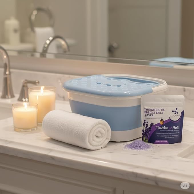 Vital Vibes Collapsible Foot Spa Bath Massager – Large Foot Soaking Tub with Heat Cover & Rollers – Professional Pedicure Kit for Callus Removal, Pain Relief & Soaking – Includes Epsom Salt