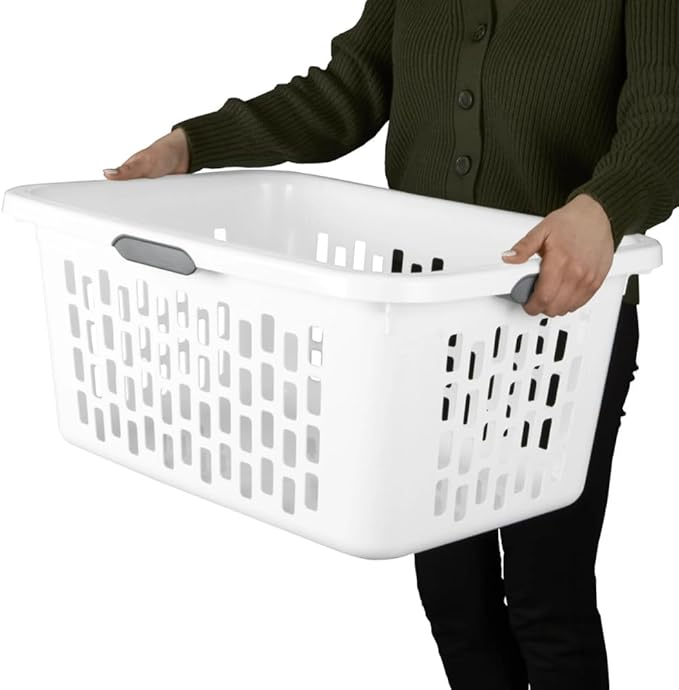 2 Bushel Large Plastic Laundry Basket with 4 Comfort Grip Handles, White - Durable, Lightweight, Spacious Laundry Storage for Home, Dorm, and Apartments