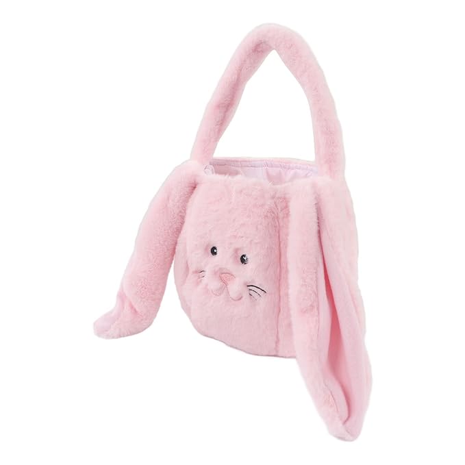 Plush Easter Bunny Basket, Children Easter Basket, Cute Cartoon Long Ears Bunny Egg Basket with Soft Plush Material, Perfect for Easter Egg Hunt and Festive Decorations (Pinkish)