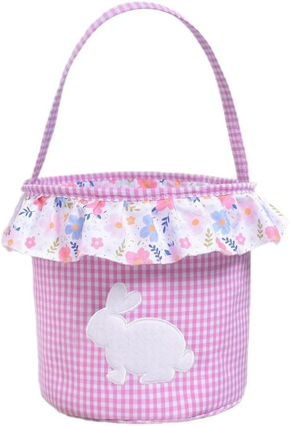 Easter Baskets for Kids Egg Basket Gingham Bunny Bucket Candy with Handle Tote Bucket Reusable Goody Baskets for Kids Gifts Bags