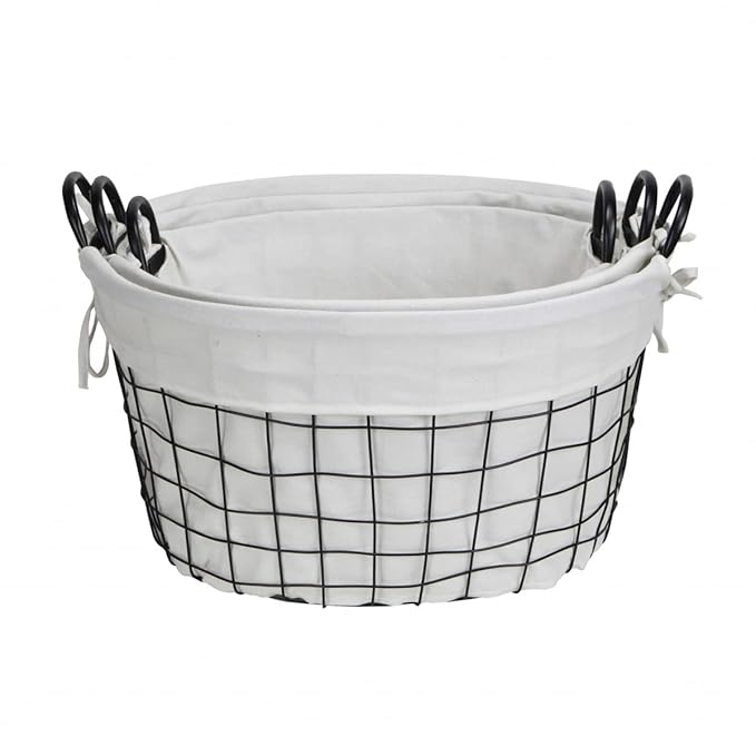 Homeroots 379831 Oval White Lined & Metal Wire Basket with Handle - Set of 3