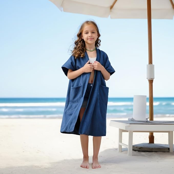 Hiturbo Kids Bath Towel Hoodie: Absorbent Quick Dry Zipper Surf Poncho - Changing Towels Swimming Outerwear (Navy Blue)