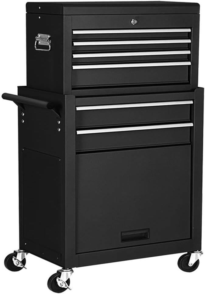 Pemberly Row Rolling Cabinet Storage Chest Organizer, Steel Construction, Black Powder-Coated Finish, 6 Drawers with Lockable Compartments, Swivel Casters with Brakes, Tool Storage for Garages and