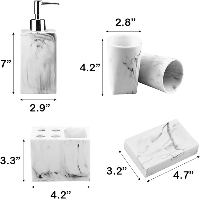 5-Piece Bathroom Counter Top Accessory Set - Dispenser for Liquid Soap or Lotion, Soap Dish, Toothbrush Holder and 2 Tumblers, Marble Pattern Resin (Ink White)