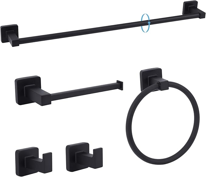 5 Pieces Black Bathroom Hardware Set,Wall Mounted 23.6 inch Towel Bar Set Matte Black,Towel Rack Set,Toilet Paper Holder,Matte Black Bathroom Accessories Set