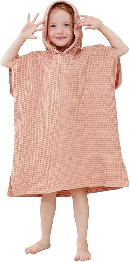 Hooded Poncho Towel for Toddlers Babies Cotton Lightweight Cover-up Bath Beach Changing Towels, 2-5 Years,Salmon