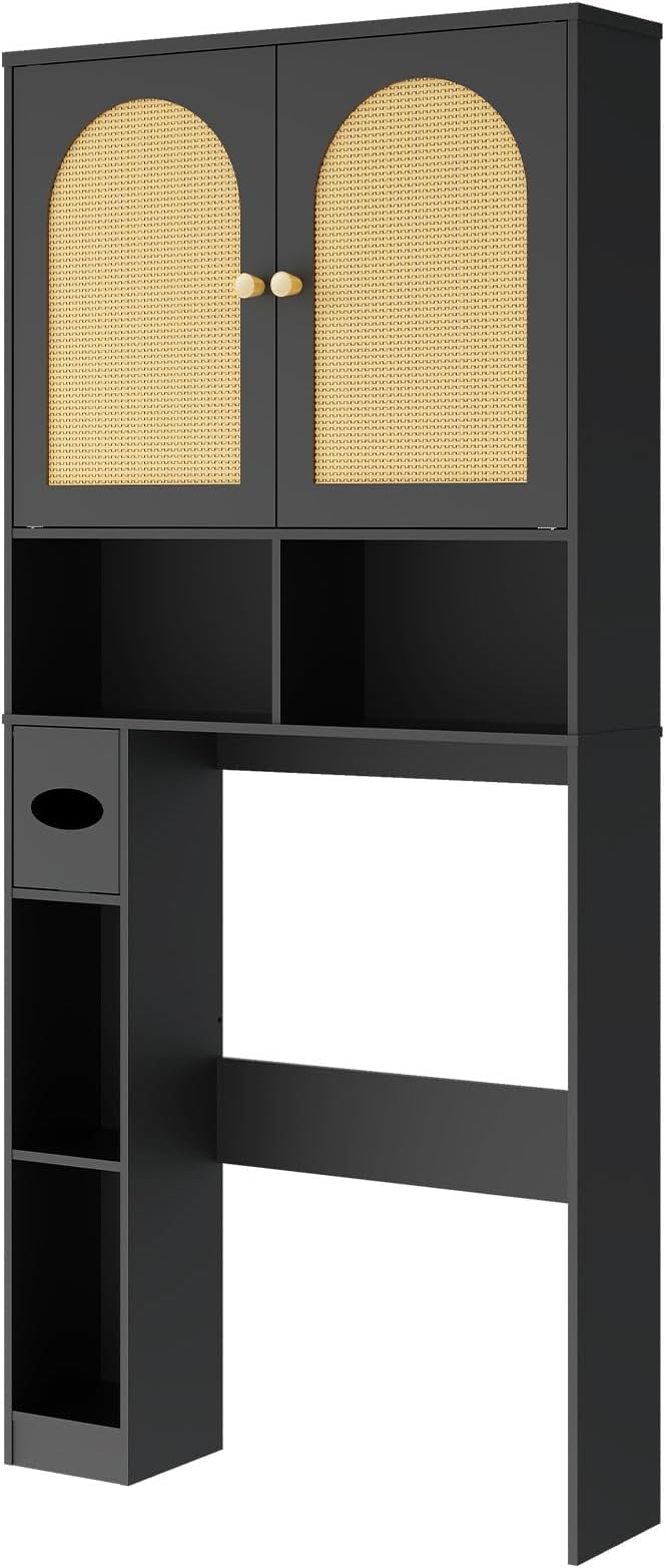 Over The Toilet Storage Cabinet, Wood Over Toilet Bathroom Organizer Cabinet with 2 Doors, Freestanding Home Space Save Toilet Rack for Restroom, Bathroom, Laundry, Black