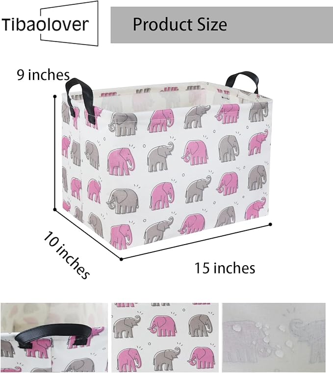 Elephant Baby Storage Bin Pink Elephant Decor for Girls Room Toy Shelf Gift Basket (Rectangular Shape, Handles for Easy Carry)