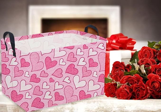 Sanjiaofeng Rectangular Valentine's Day Basket Love Storage Bins,Girls Storage Basket with Handles.Clothers,Books,Kid's Gifts Bins. (Mottled heart)