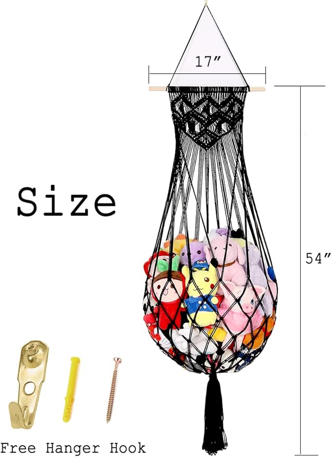 Stuffed Animal Hammock Wall Hanging Net for Stuffed Animal Net Stuffed Animal Storage Plush Toy Holder Toy Organizer for Boho Kidroom Nursery (Black)