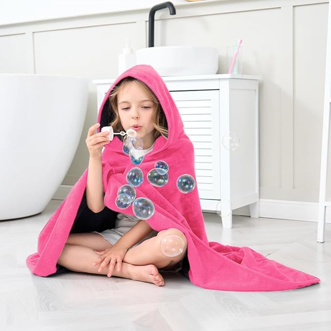 Hiturbo Kids Hooded Bath Towel: 100% Cotton Soft Thick Absorbent Towels Wrap - 50"x30" Shower Beach Pool Wearable Blanket for 3-12 Yrs Boys Girls - Pink