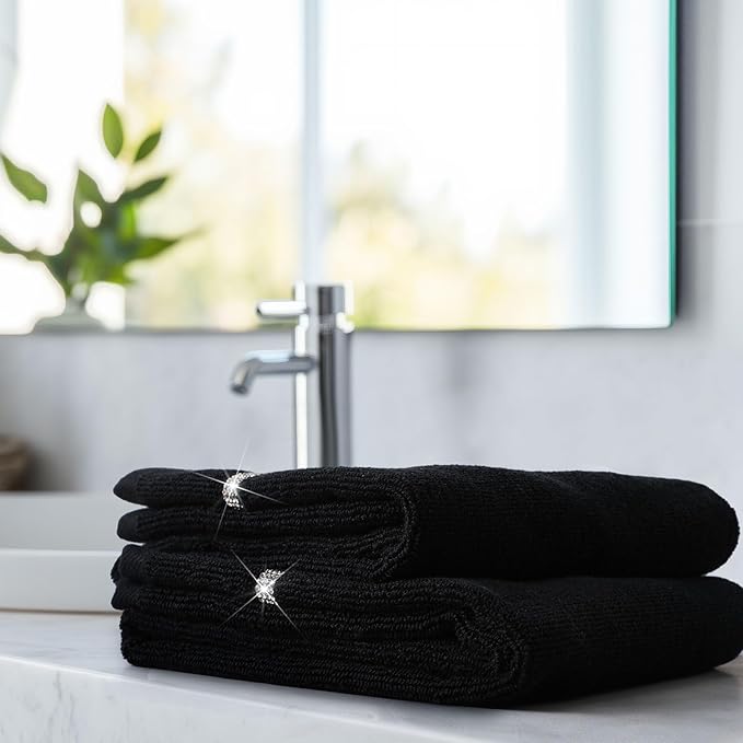 2 Pcs Black Sparkling Hand Towels with Rhinestones for Bathroom 100% Cotton Glitter Soft Elegant Hand Bath Towels Absorbent Machine Washable for Spa Yoga Hotel Sport, 29.5" x 13.8"