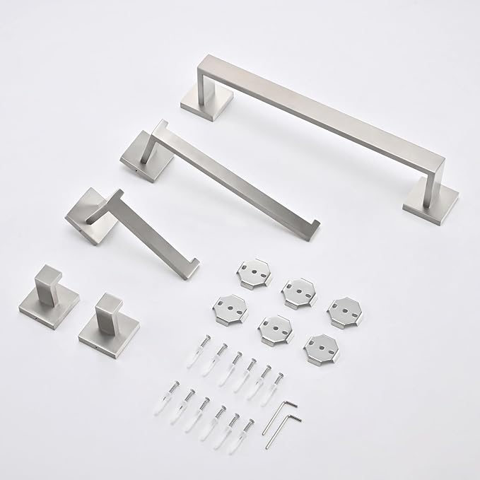 5 Piece Bathroom Hardware Set Brushed Nickel, SUS304 Stainless Steel Towel Bar Set, Modern Square Accessories with 16 Inch Rack Toilet Paper Holder Robe Hooks (Brushed Nickel)