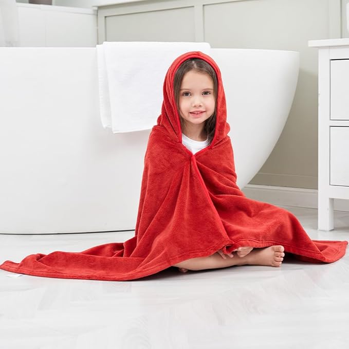 Hiturbo Kids Hooded Bath Towel: Soft Plush Pool Beach Fleece Towel Blanket - 50"x30" Toddler Towels Wrap for Boys Girls 3-12 Years (Red)