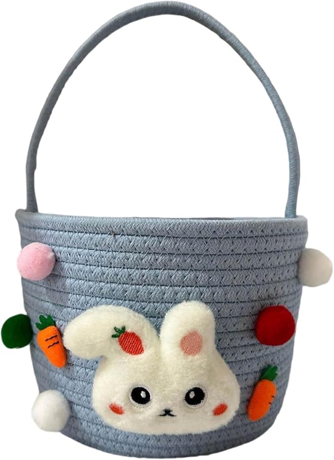 Cute Rabbit Easter Basket, 2026 New Soft & Durable Woven Easter Bunny Basket for Egg Hunt, Personalized Easter Basket with Handle for Boys, Girls, Easter Party Supplies (Blue 6.3 Inches)