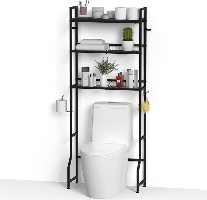 YBING Over The Toilet Rack 3 Tier Bathroom Shelf Over Toilet Storage Organizer Freestanding Above Toilet Storage Rack with Metal Frame and Hook Bathroom Over Toilet Storage Stand Black