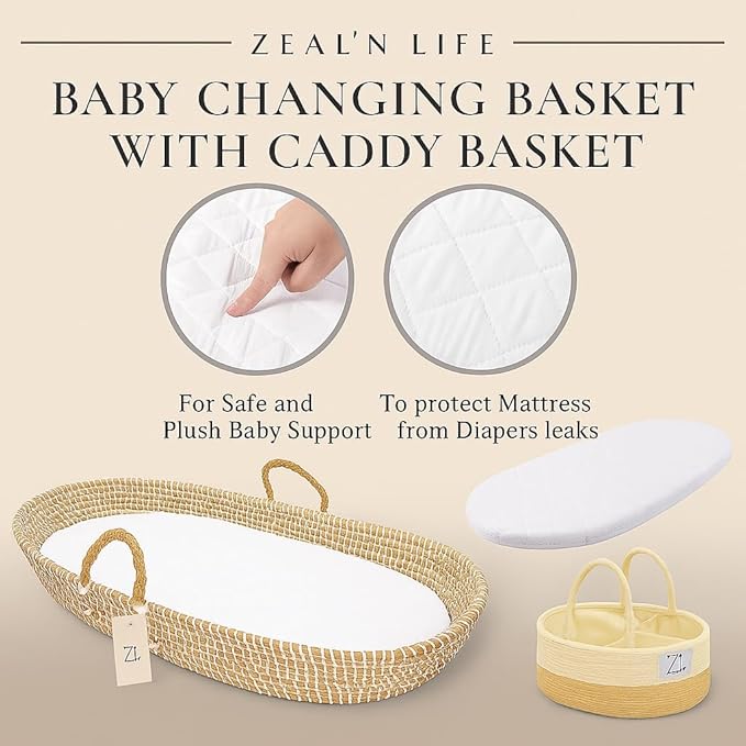 Seagrass Moses Basket by ZEAL'N LIFE, Moses Baskets for Newborn, Baby Changing Basket with Baby Towel, Washable Waterproof Pad Covers & Diaper Caddy, Changing Basket Baby (31 Inch)