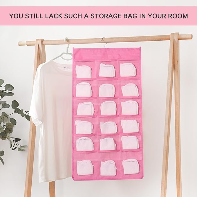 Closet Hanging Organizer with Mesh Pockets & Rotating Metal Hanger,Dual Sided Hanging Closet Mesh Pockets Organizer for Underwear, Stocking, Bra and Sock(Pink:12+18 Pockets)