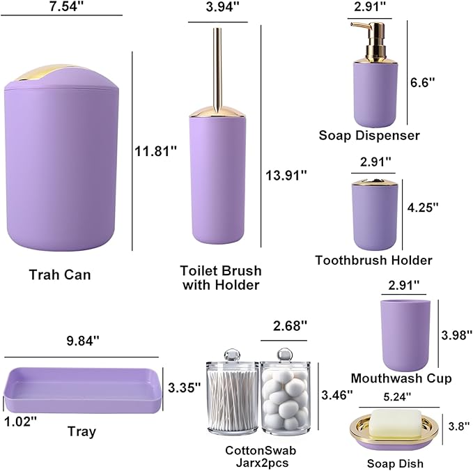9 Pieces Purple Bathroom Accessories Set Gorgeous Gold Bathroom Set, Trash Can, Toilet Brush, Soap Dispenser, Toothbrush Holder, Soap Dish, Tumber, Qtip Holder, Tray, Sink Countertop Set