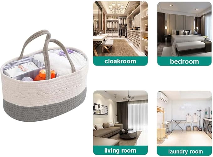 Diaper Caddy Organizer, Portable Nursery Storage Basket with Detachable Compartments,Cotton Woven Rope Baskets, Changing Table Basket