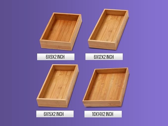 YBM Home Bamboo Drawer Organizer Storage Box for Kitchen Drawer, Junk Drawer, Office, Bedroom, Children Room, Craft, Sewing, and Bathroom, 2 Pack 6x12x2 inch