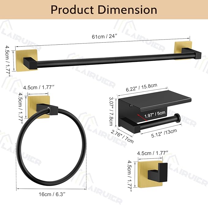 5-Piece Bathroom Hardware Set Black Gold Bathroom Hardware Accessories Set Upgraded Toilet Paper Holder with Shelf Towel Holder Set for Bathroom Stainless Steel Wall Mounted