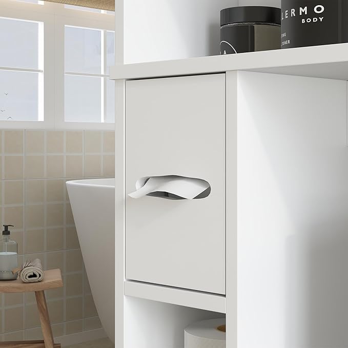 HOMCOM Over The Toilet Storage Cabinet, Modern Above Toilet Bathroom Organizer with 2 Doors, Storage Shelves, Toilet Paper Holder, Freestanding Space Saver for Bathroom, Laundry, White