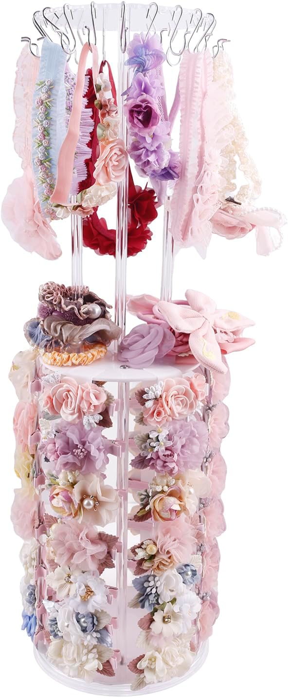 cherrboll Rotating Hair Bows Holder Stand, Headbands Organizer with Hooks, Scrunchies Claw Clips Rack Display, Hair Accessories Storage Nursery Room Decor for Baby Toddler Girls