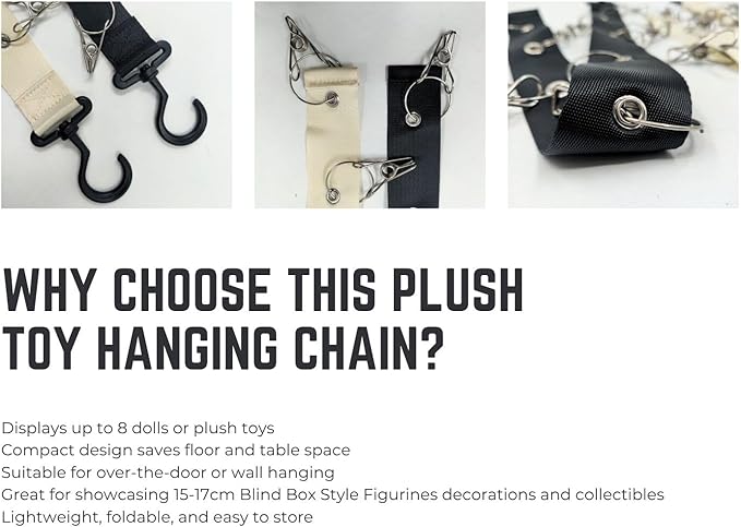 Plush Toy Display Strap for 15-17cm Blind Box Style Dolls, Stuffed Animal Hanging Chain with 8 Clips, Wall & Over Door Organizer (No Dolls Included) (1-Pack Black)
