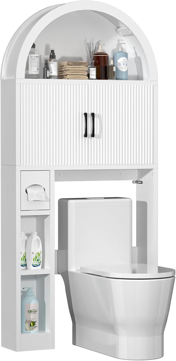 Over The Toilet Storage Cabinet, Bathroom Organizer Over Toilet, Arched Storage Organizer Cabinet with Anti-Tip Device and Adjustable Shelf for Washroom Laundry and Restroom, White