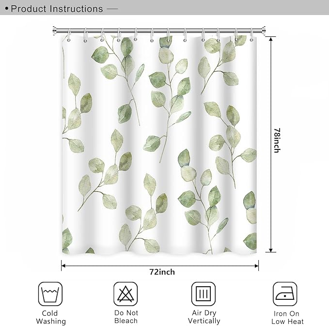 Green Eucalyptus Leaves Bathroom Shower Curtain Nature Plants Watercolor Leaf Shower Curtain with Hooks Polyester Waterproof Fabric Aesthetics Home Decor, 72x78 Inch