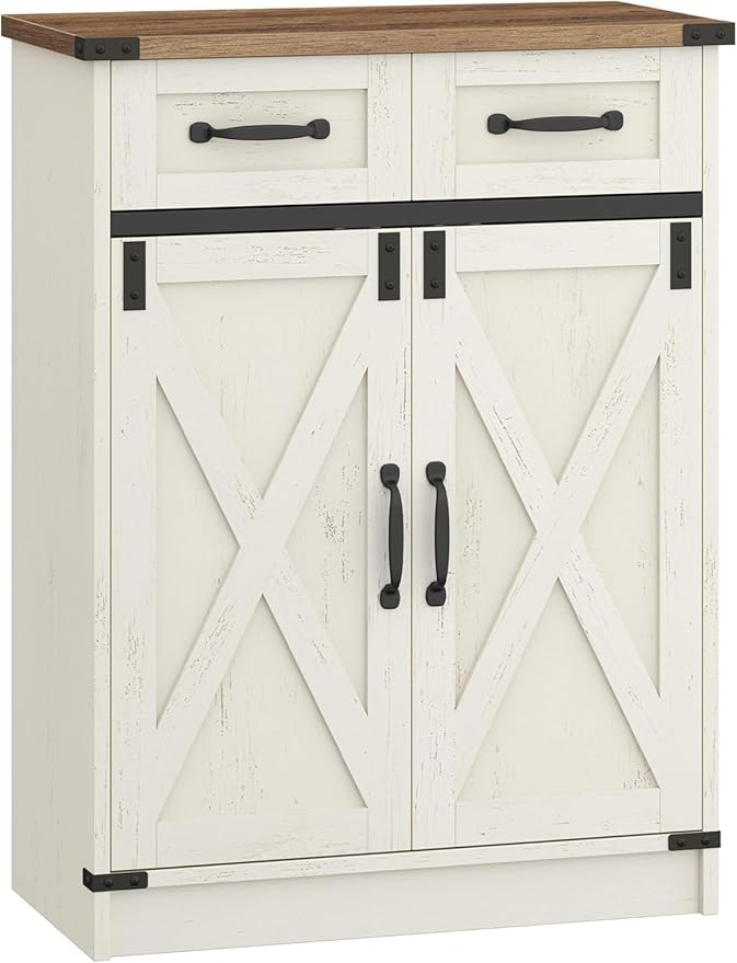 Bathroom Storage Cabinet, Freestanding Bathroom Floor Cabinet with Drawers & Doors, Farmhouse Buffet Cabinets with Adjustable Shelf, for Kitchen, Living Room, Entryway, White Brown SC62414X