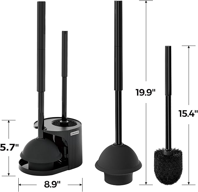 2Pack 2 in 1 Toilet Brush and Plunger Set, Extended Handle Plunger,Toilet Bowl Brush Plunger Set,Bathroom Cleaning Tools,Toilet Brush Plunger Combo,Cleaning Supplies,Bright Black(19.9inch)