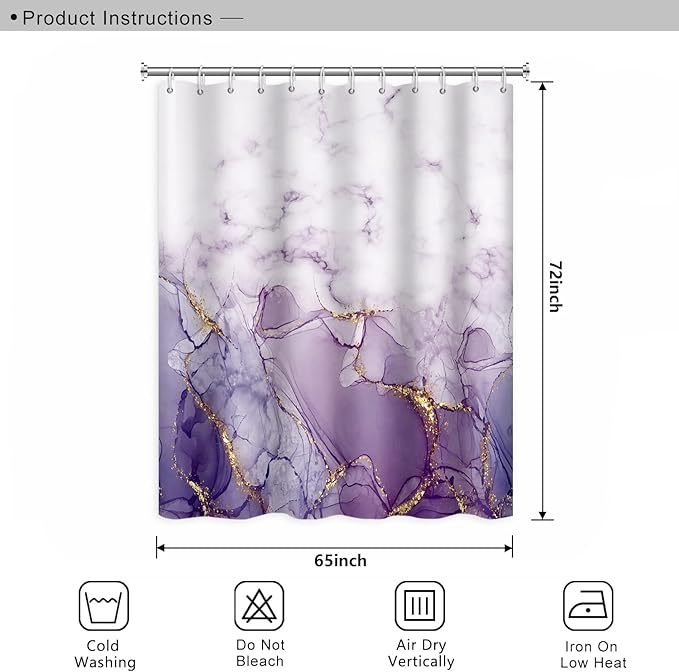 Abstract Marble Bathroom Shower Curtain Purple Gradient Watercolor Waterproof Polyester Shower Curtains Modern Luxury Artistic Aesthetic Shower Curtain with Hooks Decorative, 65x72 Inch