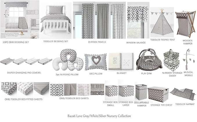 Bacati Love Unisex Nursery Fabric Storage Caddy with Handles, Silver/Grey
