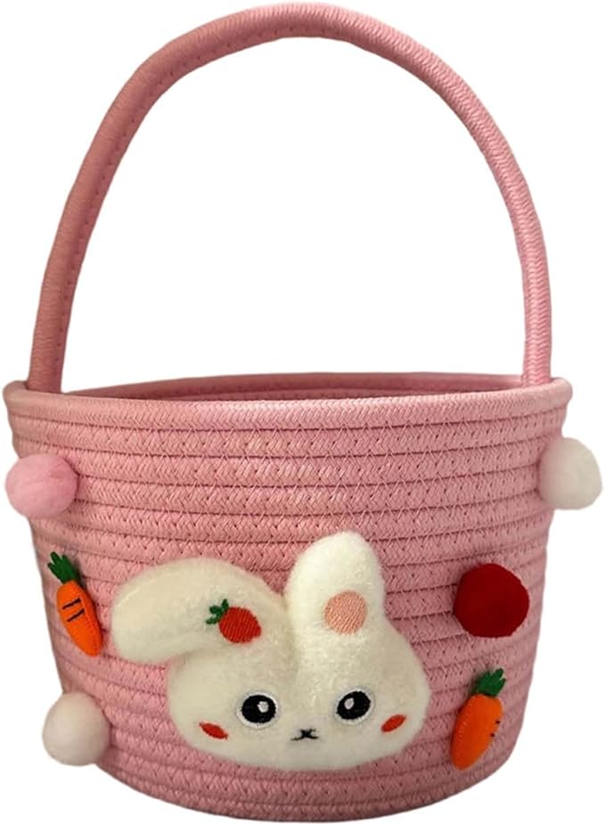 Cute Rabbit Easter Basket, 2026 New Soft & Durable Woven Easter Bunny Basket for Egg Hunt, Personalized Easter Basket with Handle for Boys, Girls, Easter Party Supplies (Pink 7.87 Inches)