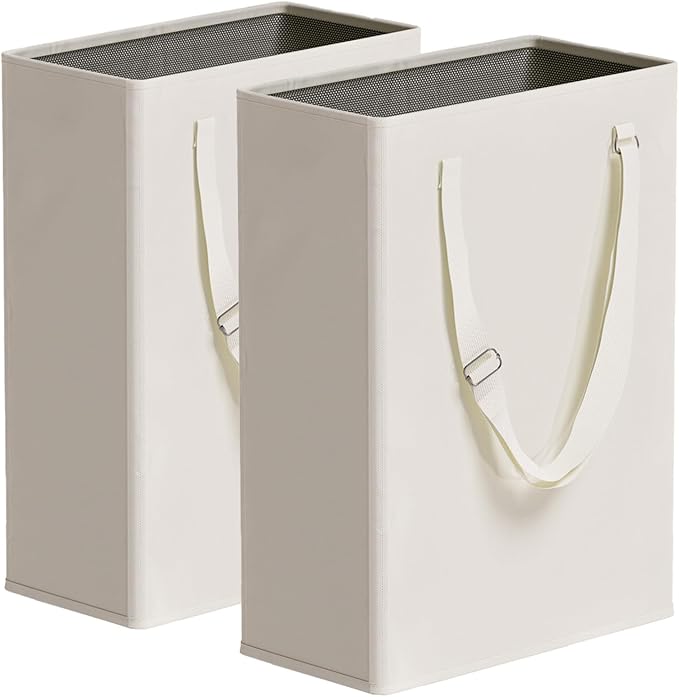 TECHMILLY Slim Laundry Hamper with Adjustable Long Handles, 45L Small Laundry Baskets with Mesh Top, Narrow Dirty Clothes Hamper for Bedroom, Closet, and Bathroom - Beige, 2 Packs