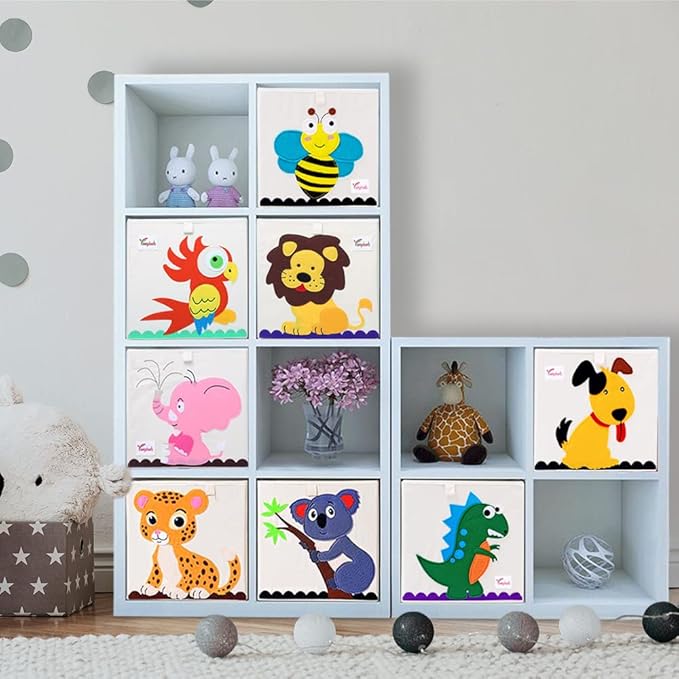 2 Pcs Foldable Animal Toy Storage Box/Bin/Cube, Collapsible Storage Organizer Chest Basket Container for Kids, Toddlers, Boys and Girls(13 x 13 x 13 Inch, Lion & Bee)