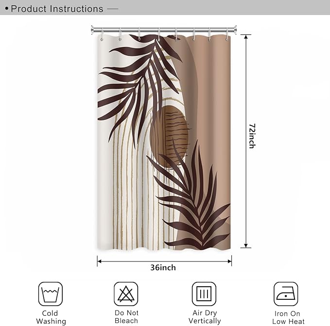 Abstract Mid Century Boho Bathroom Shower Curtain Eucalyptus Leaves Brown and Beige Sun Shower Curtain with Hooks, 36x72 Inch Waterproof Fabric Polyester