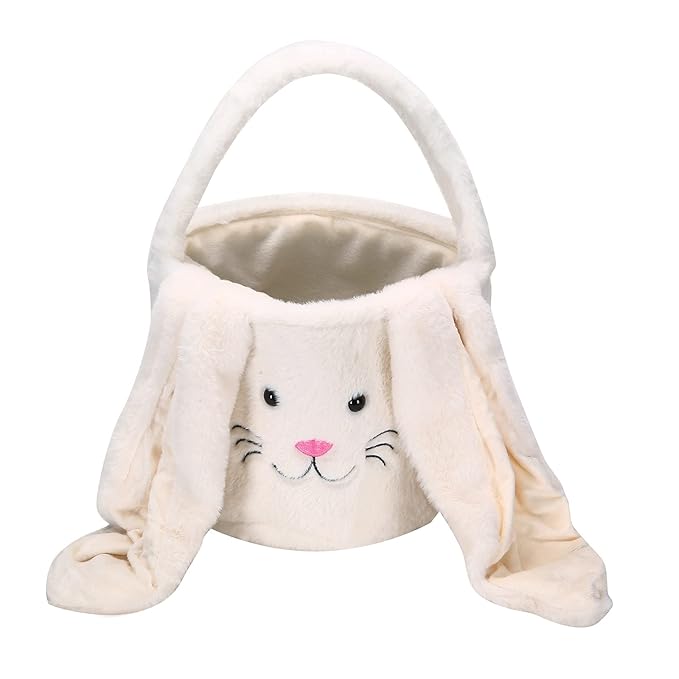 Plush Easter Bunny Basket,Soft Bunny Easter Bucket for Egg Hunt and Candy,Easter Decorations Party Favors Gifts Storage (Plush-White)
