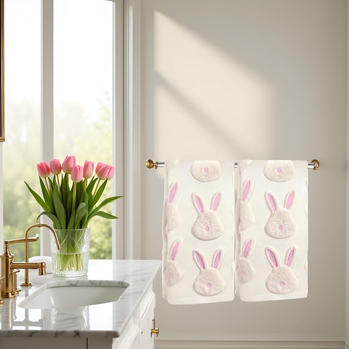 2pcs Easter Bunny Hand Towels Set 100% Cotton Soft Absorbent Spring Bathroom Hand Towels 14x29 Inch Cute Jacquard Easter Kitchen Decor Towels Holiday Kitchen Bathroom Decor Gift(Beige)