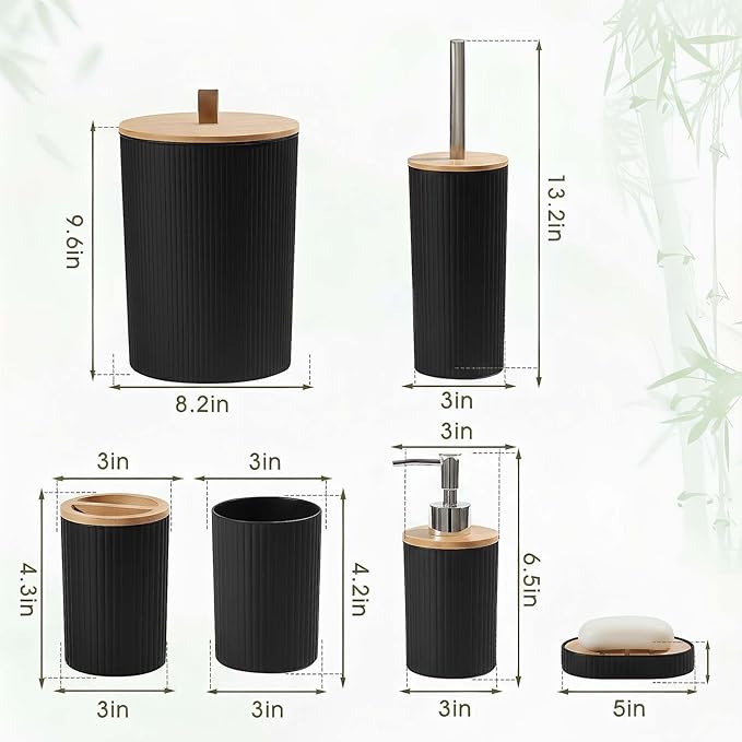 6-Piece Bathroom Set – Includes Toilet Brush,Trash Can & Soap Dispenser,Creating a Tidy and Coordinated Bathroom Space in One Stop,Round-Black