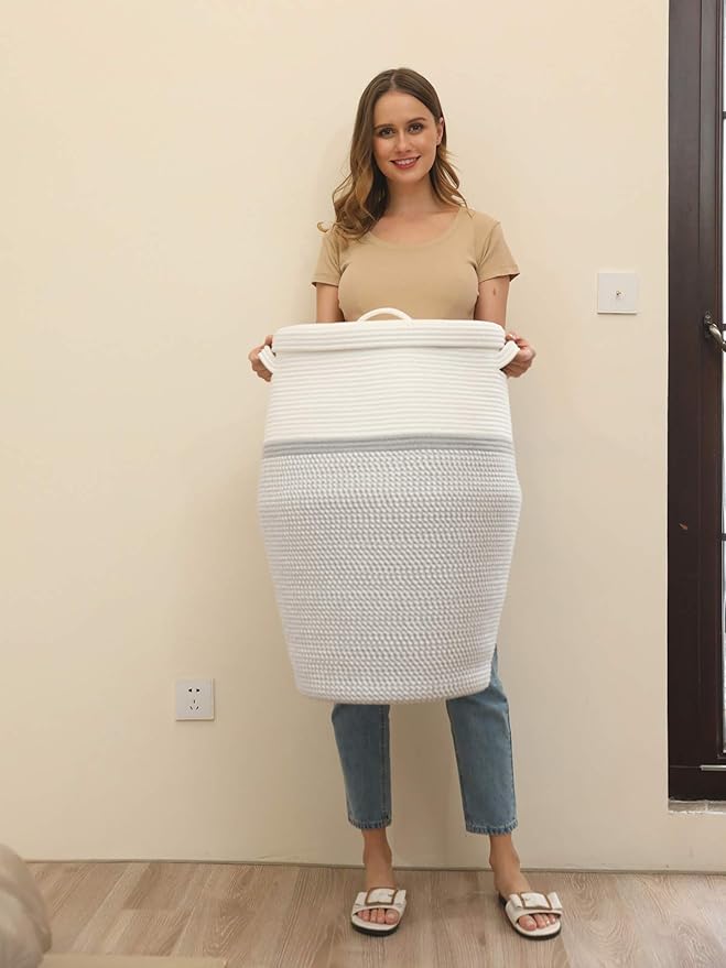 26" x 20" Handcrafted Tall Cotton Rope Basket with Lid, Stylish Flagon Shape with Cover, Clothes Hamper with Top, for Bedroom and Living Room, White/Grey Mix