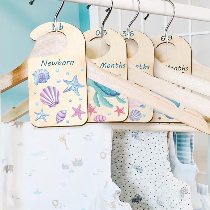 CRASPIRE 10Pcs Wood Baby Wardrobe Dividers Ocean Size Divider Closet Organizers Turtle Seahorse Clothes Whale Shell Nursery Decor from Newborn to 36 Month Hanger Baby Infant for Newborn Baby Shower