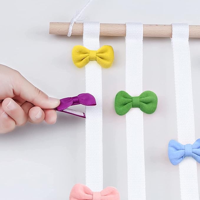 48.5" X 16.5" Bow Holder for Girls Hair Bows, Baby Bow Holder w/7 Cotton Ribbons, 6 Plastic Hooks, 1 Seamless Hook & 1 Wooden Wall Hook, Hair Bow Organizer for Girls