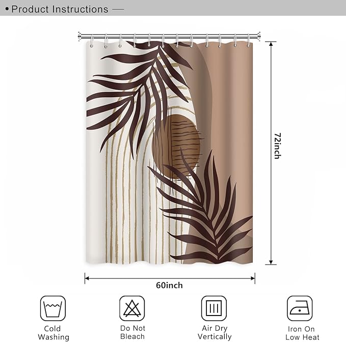 Abstract Mid Century Boho Bathroom Shower Curtain Eucalyptus Leaves Brown and Beige Sun Shower Curtain with Hooks Waterproof Fabric Polyester Shower Curtain for Art Home Decor, 60x72 Inch